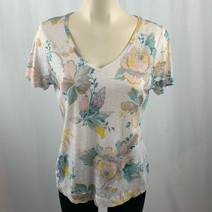 Ann Loft Floral Print Linen V-neck Tee M